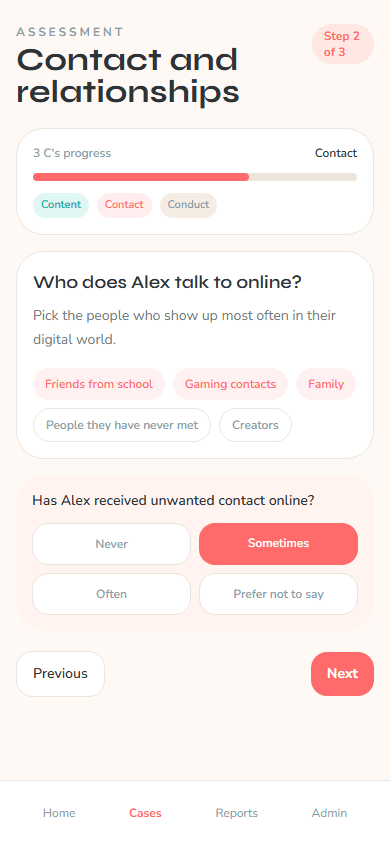 Assessment workflow showing the 3 Cs setup and indicator confirmation