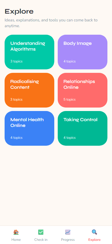 Young person explore screen showing psychoeducation categories and featured content